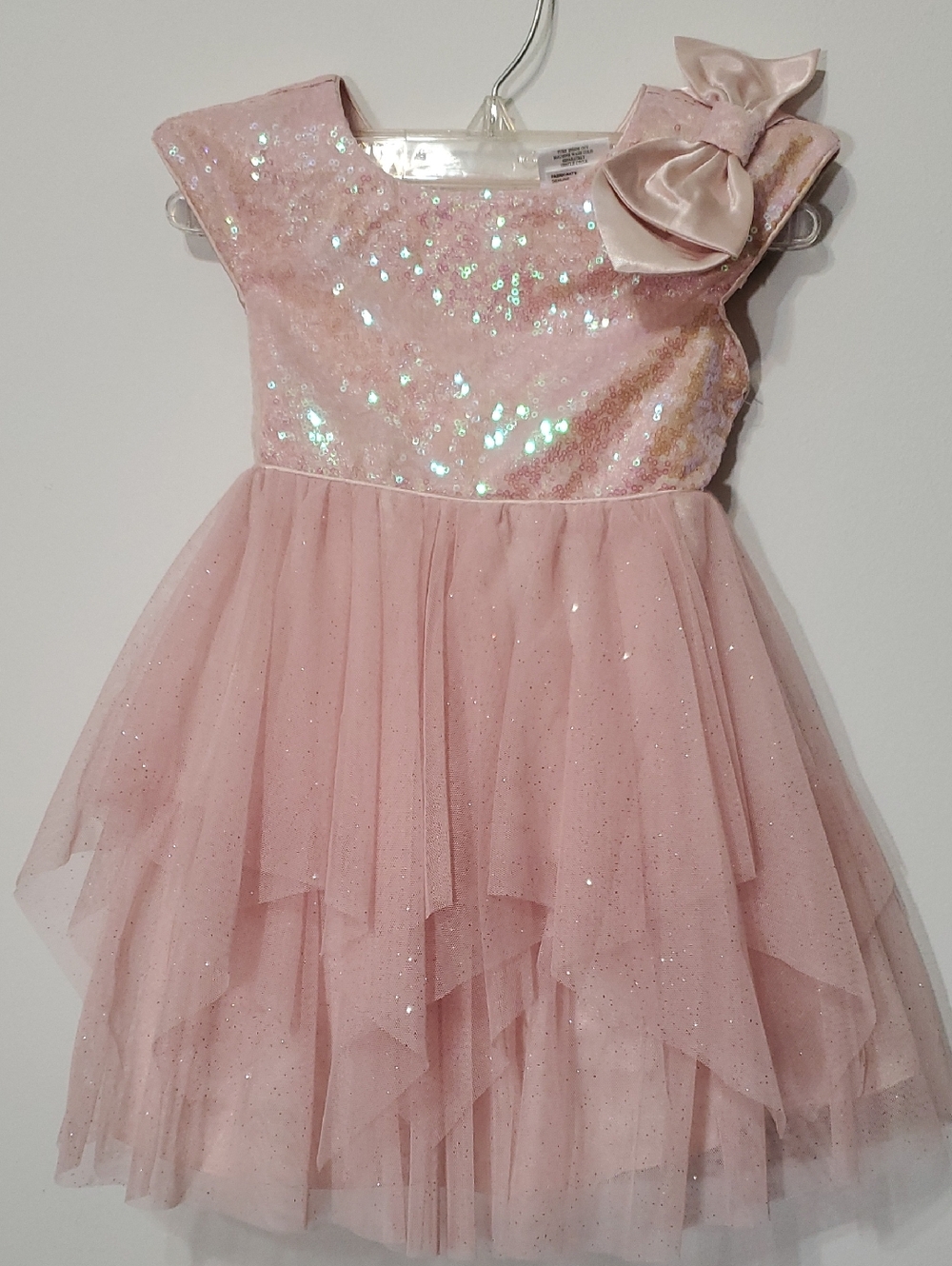 Jona Michelle Pink Sequin Tulle Dress with Bow Accent
